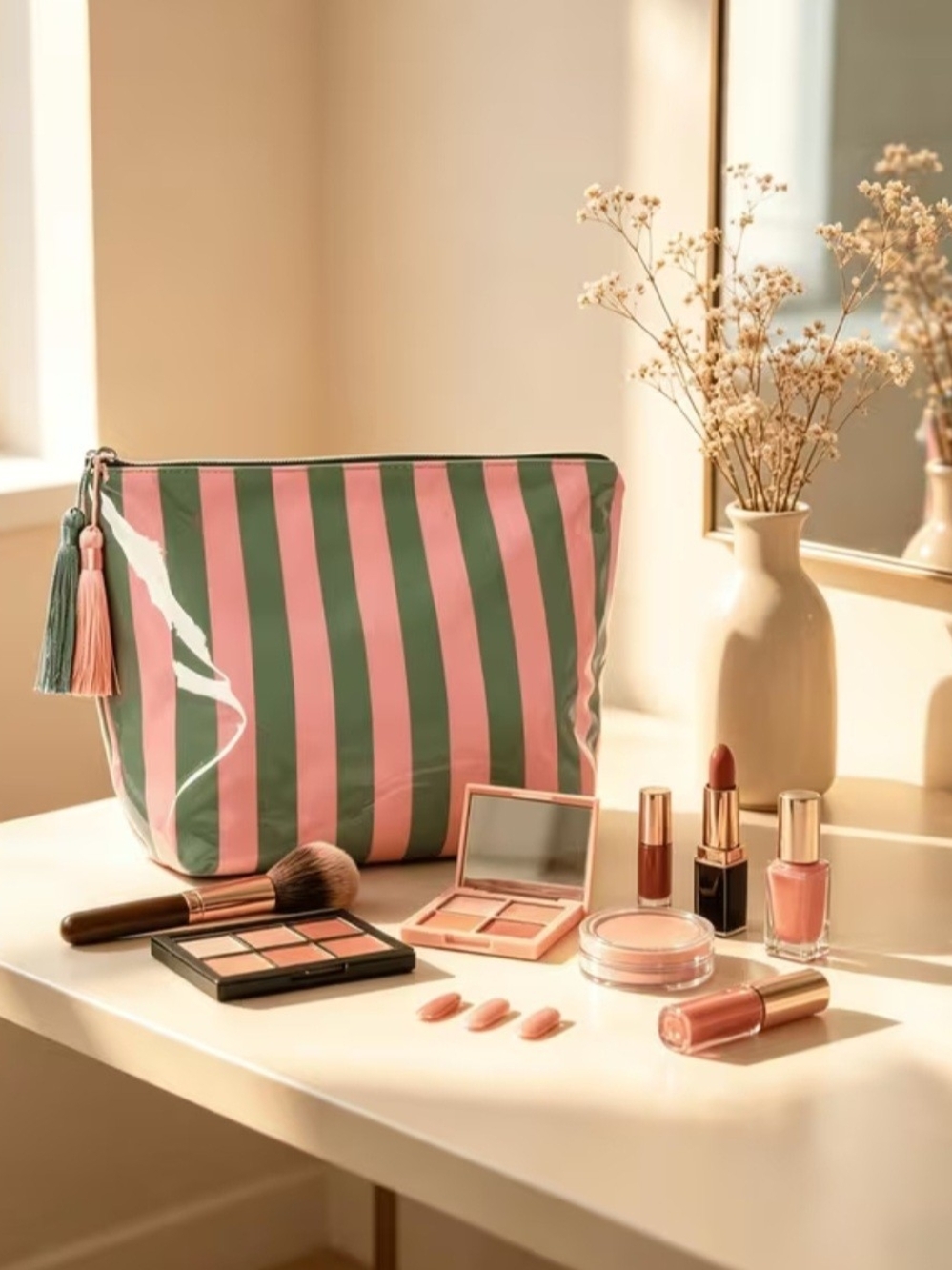 Striped Pink & Green Makeup Bag with Tassel